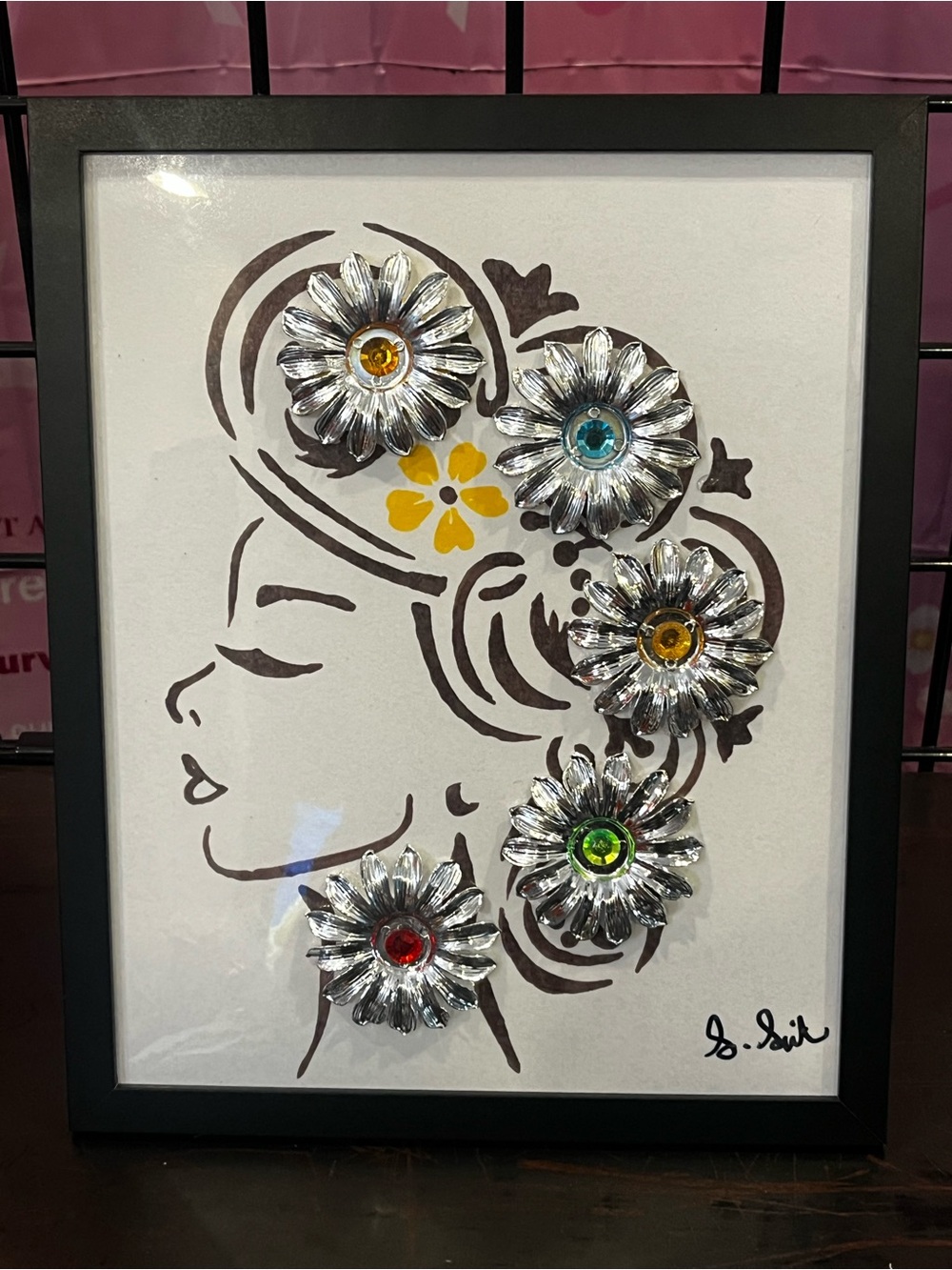 Hand Crafted Silver Floral Head Profile Wall Art with Multicolor Gems - Picture 6 of 11